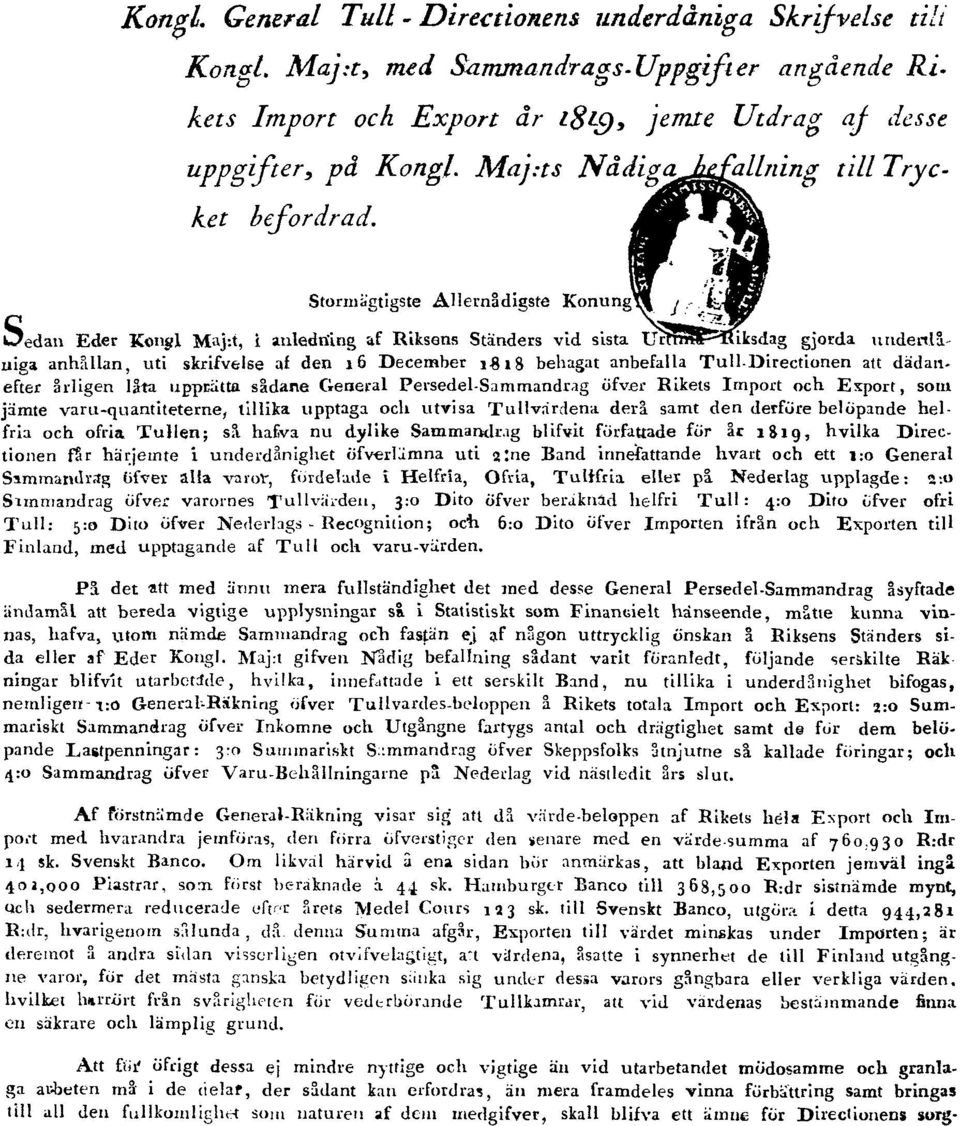 Sedan Eder Kongl Maj:t, i anledning af Riksens Ständers vid sista Urtima Riksdag gjorda underdåniga anhållan, uti skrifvelse af den 16 December 1818 behagat anbefalla Tull-Directionen att dädanefter
