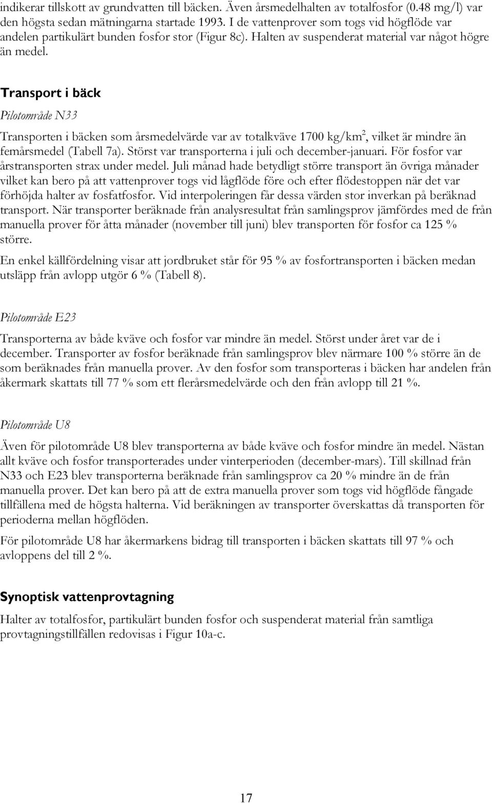 Transport i bäck Pilotområde N33 Transporten i bäcken som årsmedelvärde var av totalkväve 17 kg/km 2, vilket är mindre än femårsmedel (Tabell 7a). Störst var transporterna i juli och december-januari.