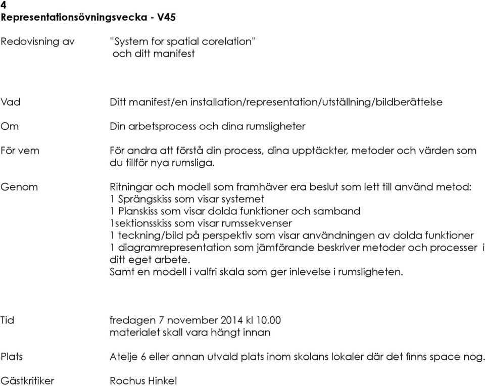 Ritningar och modell som framhäver era beslut som lett till använd metod: 1 Sprängskiss som visar systemet 1 Planskiss som visar dolda funktioner och samband 1sektionsskiss som visar rumssekvenser 1