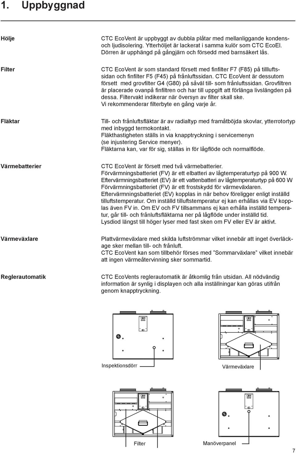 CTC EcoVent är dessutom försett med grovfilter G4 (G80) på såväl till- som frånluftssidan. Grovfiltren är placerade ovanpå finfiltren och har till uppgift att förlänga livslängden på dessa.