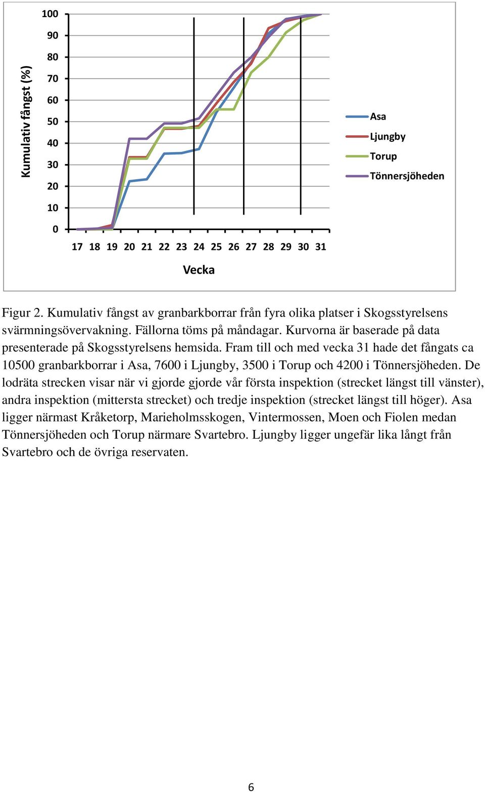 Fram till och med vecka 31 hade det fångats ca 10500 granbarkborrar i Asa, 7600 i Ljungby, 3500 i Torup och 4200 i Tönnersjöheden.