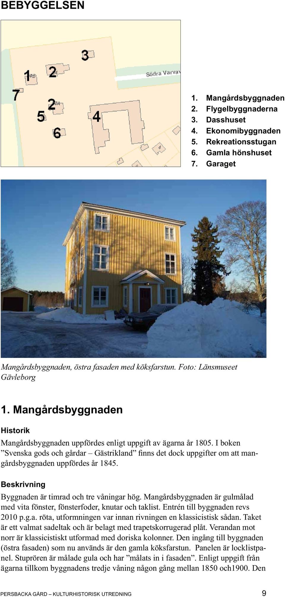 Beskrivning Byggnaden är timrad och tre våningar hög. Mangårdsbyggnaden är gulmålad med vita fönster, fönsterfoder, knutar och taklist. Entrén till byggnaden revs 2010 p.g.a. röta, utformningen var innan rivningen en klassicistisk sådan.