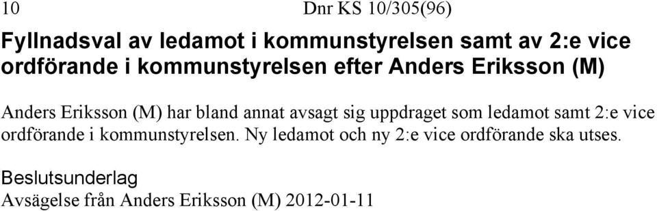 annat avsagt sig uppdraget som ledamot samt 2:e vice ordförande i kommunstyrelsen.