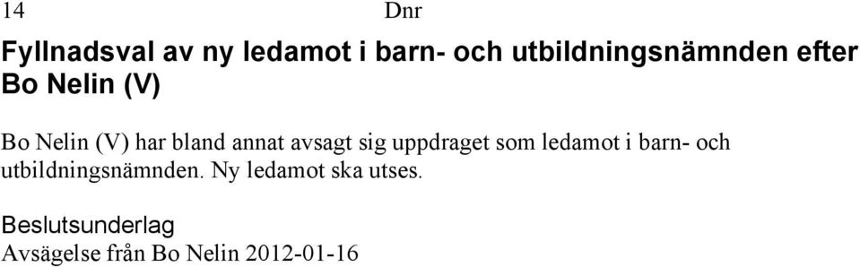 bland annat avsagt sig uppdraget som ledamot i barn- och