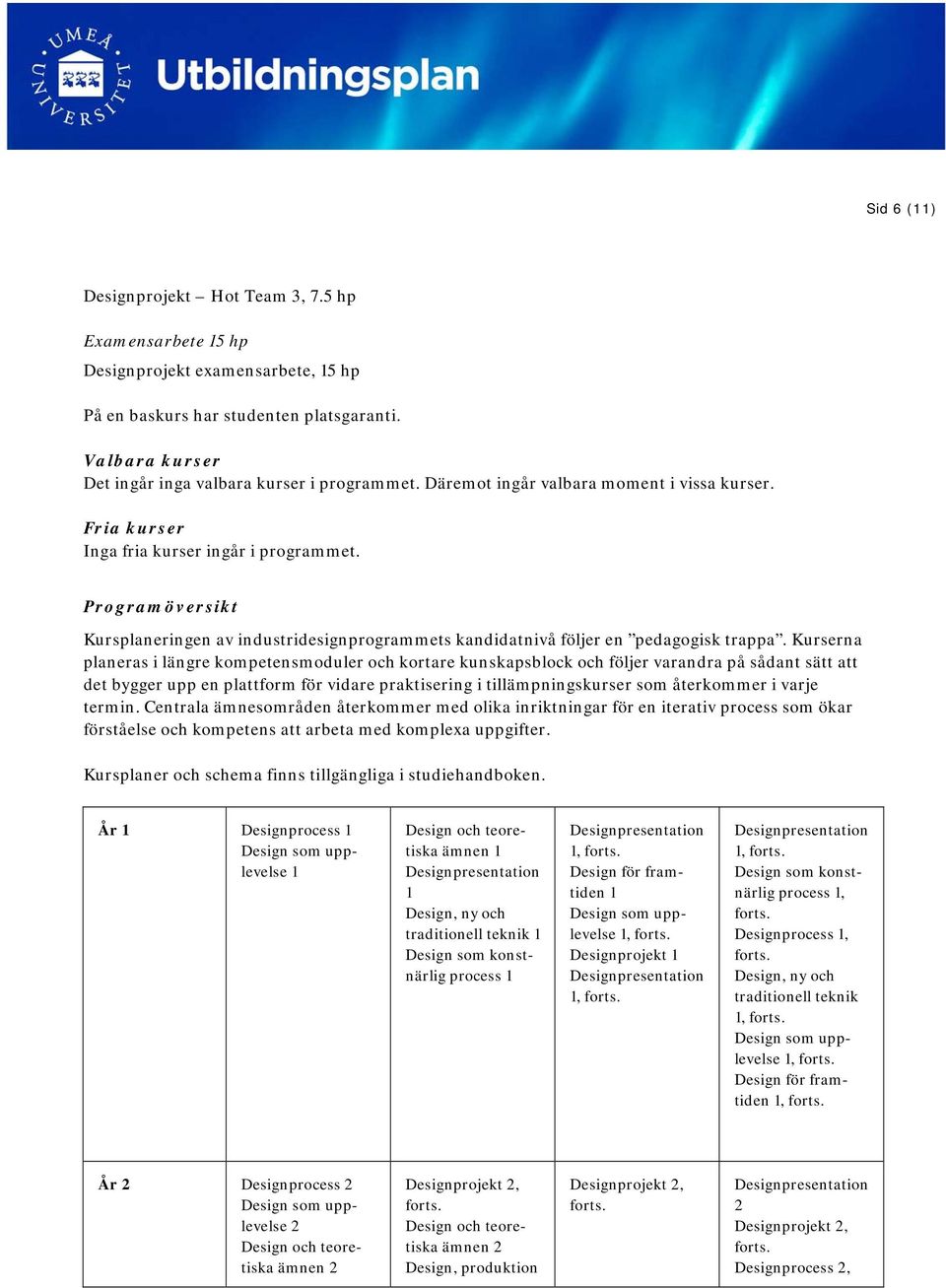 Kurserna planeras i längre kompetensmoduler och kortare kunskapsblock och följer varandra på sådant sätt att det bygger upp en plattform för vidare praktisering i tillämpningskurser som återkommer i