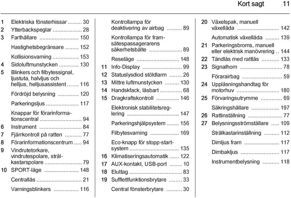 .. 84 7 Fjärrkontroll på ratten... 77 8 Förarinformationscentrum... 94 9 Vindrutetorkare, vindrutespolare, strålkastarspolare... 79 10 SPORT-läge... 148 Centrallås... 21 Varningsblinkers.