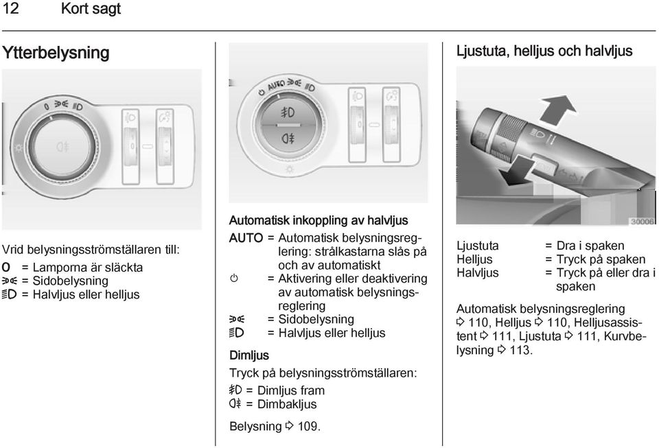 belysningsreglering 8 = Sidobelysning 9 = Halvljus eller helljus Dimljus Tryck på belysningsströmställaren: > = Dimljus fram r = Dimbakljus Belysning 3 109.