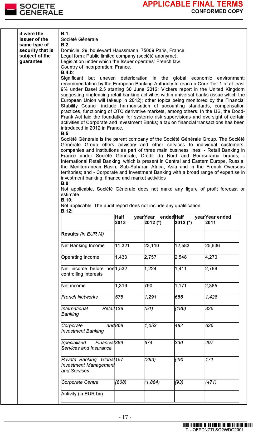 b: Significant but uneven deterioration in the global economic environment; recommendation by the European Banking Authority to reach a Core Tier 1 of at least 9% under Basel 2.