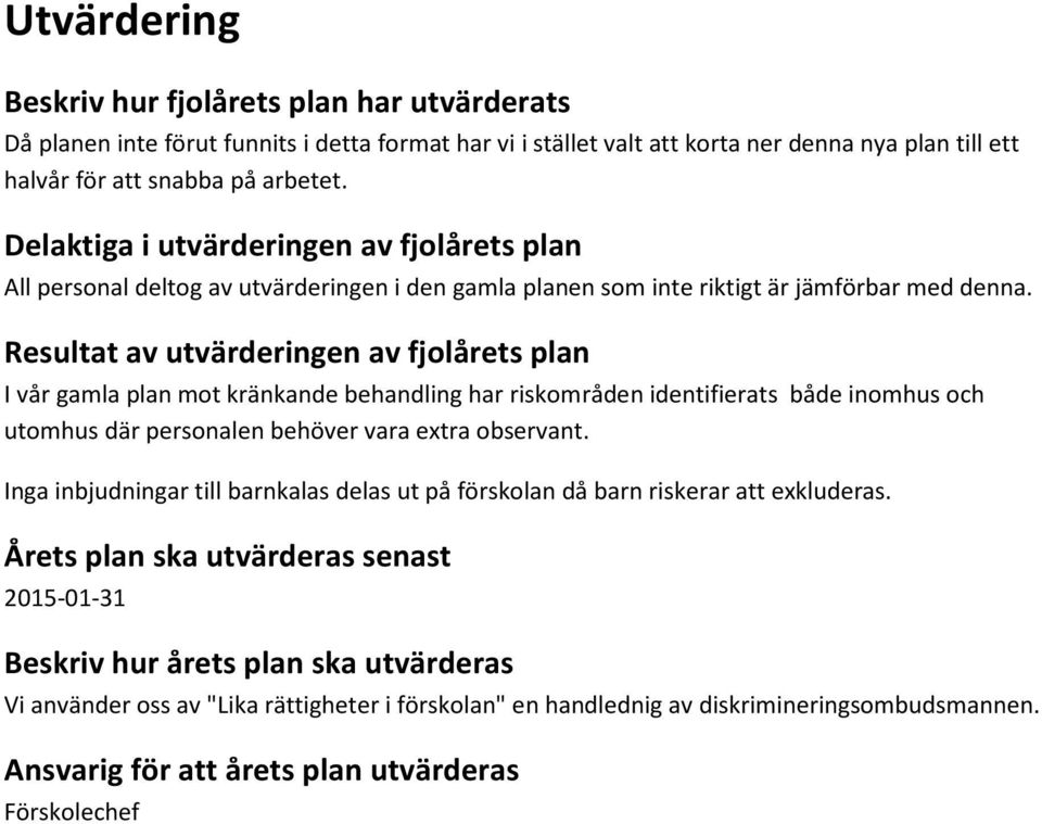 Resultat av utvärderingen av fjolårets plan I vår gamla plan mot kränkande behandling har riskområden identifierats både inomhus och utomhus där personalen behöver vara extra observant.