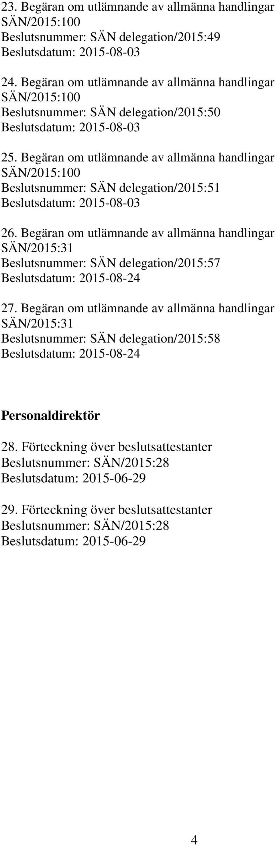 Begäran om utlämnande av allmänna handlingar SÄN/2015:100 Beslutsnummer: SÄN delegation/2015:51 26.