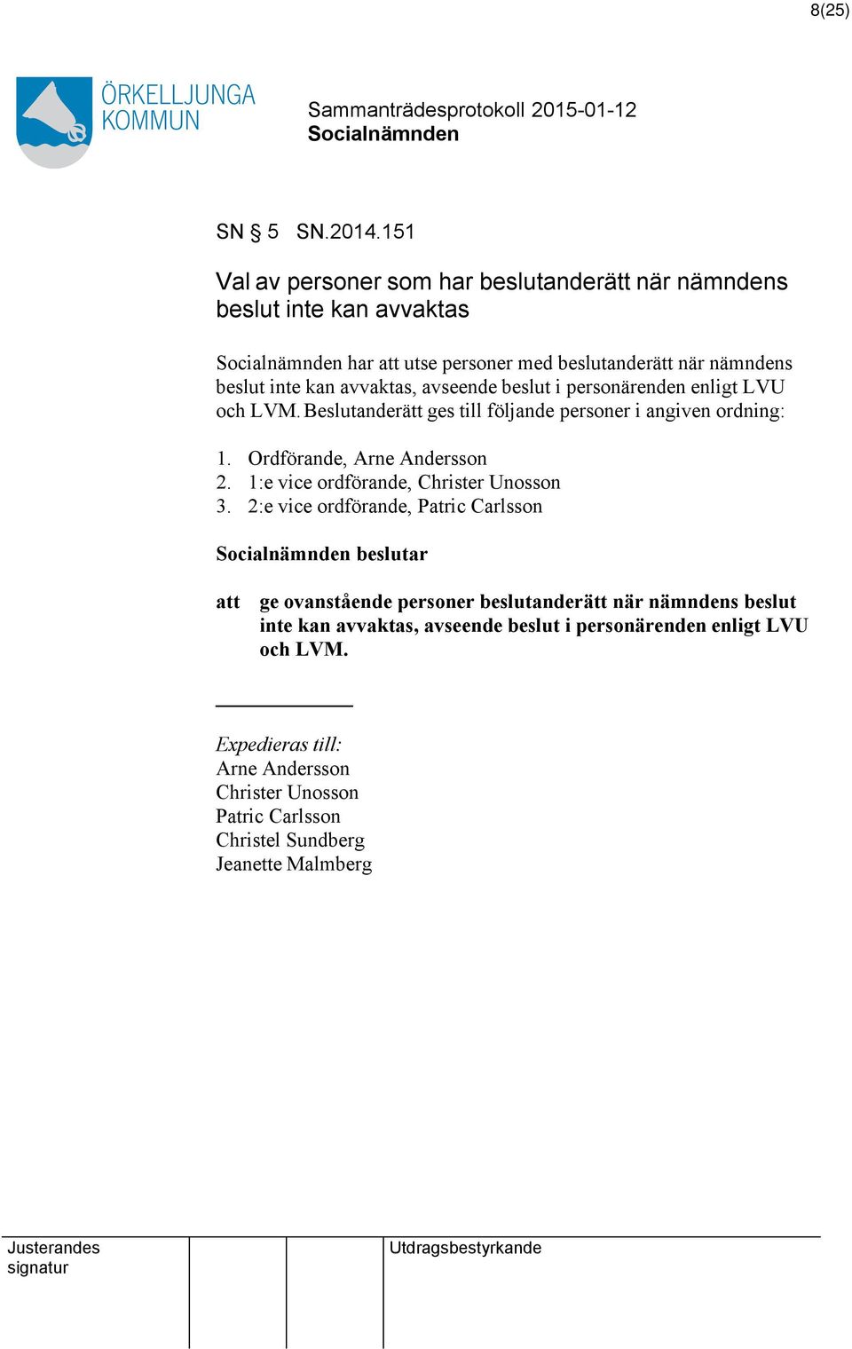 avseende beslut i personärenden enligt LVU och LVM. Beslutanderätt ges till följande personer i angiven ordning: 1. Ordförande, Arne Andersson 2.