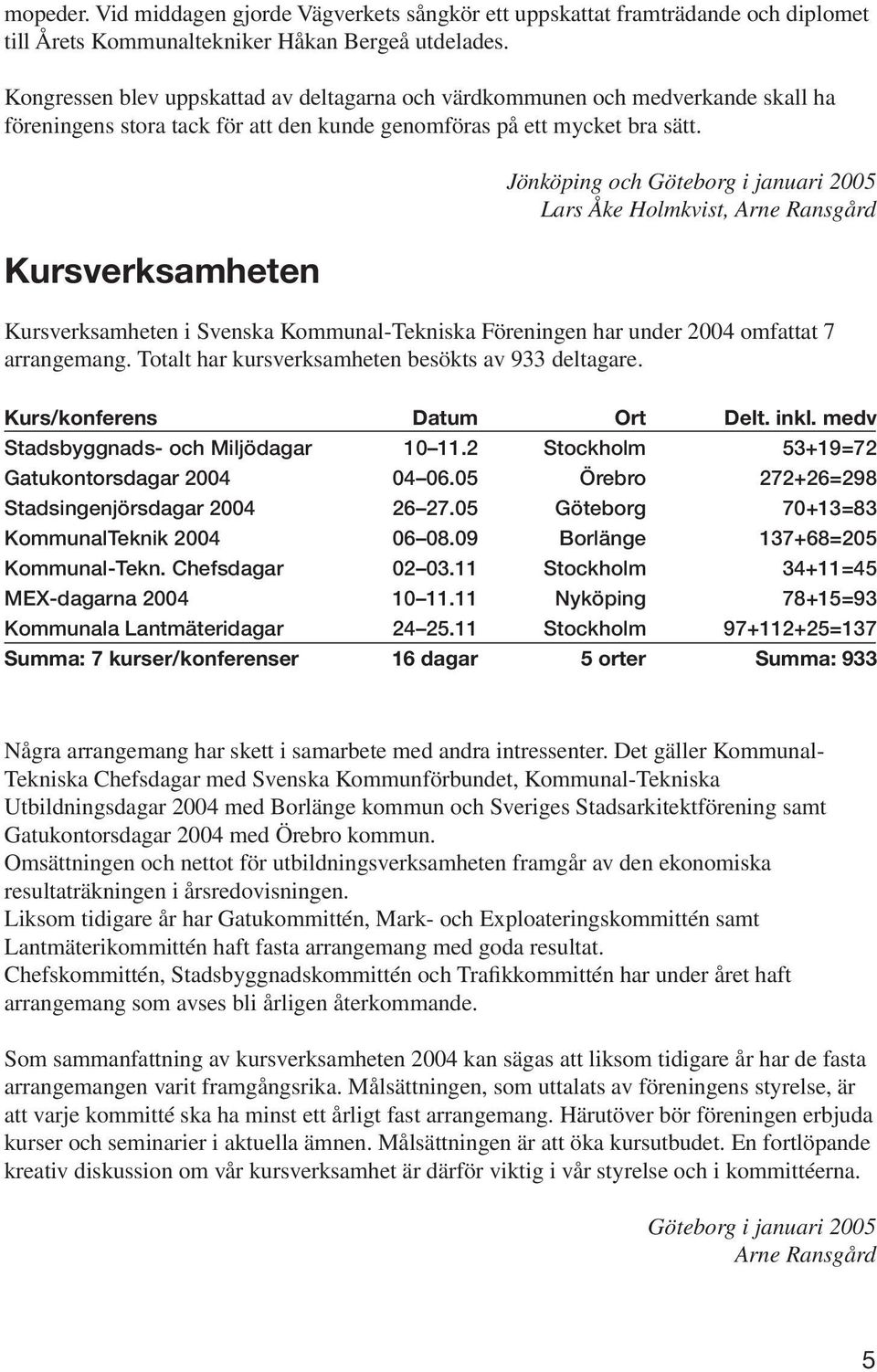 Kursverksamheten Jönköping och Göteborg i januari 2005 Lars Åke Holmkvist, Arne Ransgård Kursverksamheten i Svenska Kommunal-Tekniska Föreningen har under 2004 omfattat 7 arrangemang.