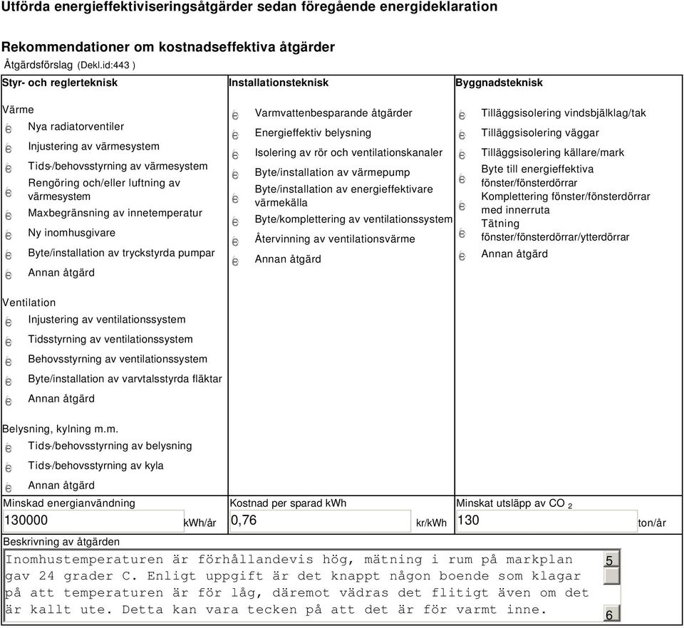 värmesystem Maxbegränsning av innetemperatur Ny inomhusgivare Byte/installation av tryckstyrda pumpar Varmvattenbesparande åtgärder Energieffektiv belysning Isolering av rör och ventilationskanaler