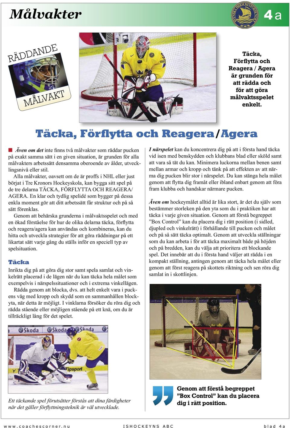 ålder, utvecklingsnivå eller stil. Alla målvakter, oavsett om de är proffs i NHL eller just börjat i Tre Kronors Hockeyskola, kan bygga sitt spel på de tre delarna TÄCKA, FÖRFLYTTA OCH REAGERA/ AGERA.