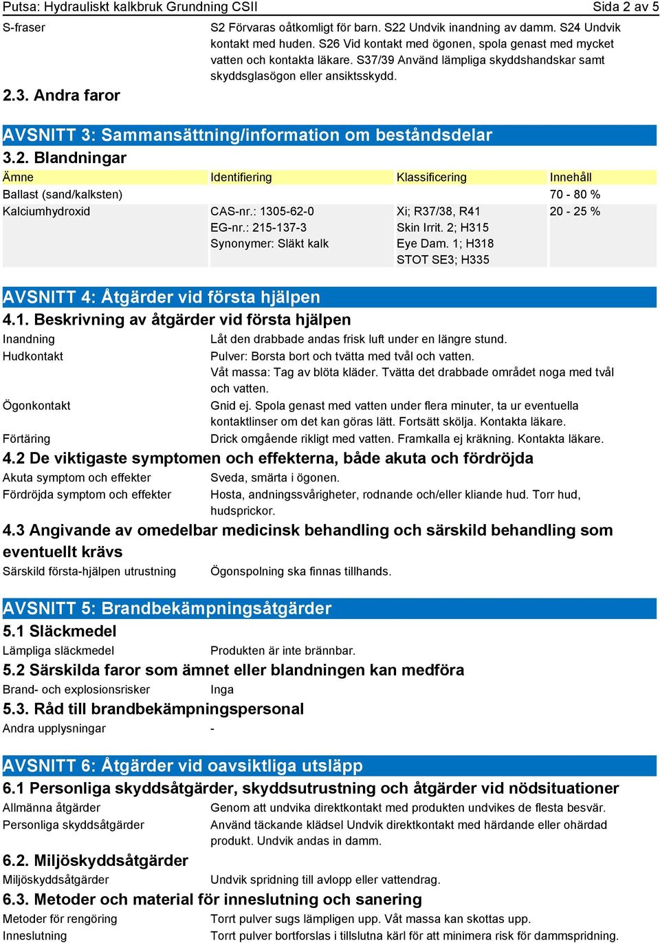 AVSNITT 3: Sammansättning/information om beståndsdelar 3.2. Blandningar Ämne Identifiering Klassificering Innehåll Ballast (sand/kalksten) 70-80 % Kalciumhydroxid CAS-nr.: 1305-62-0 EG-nr.