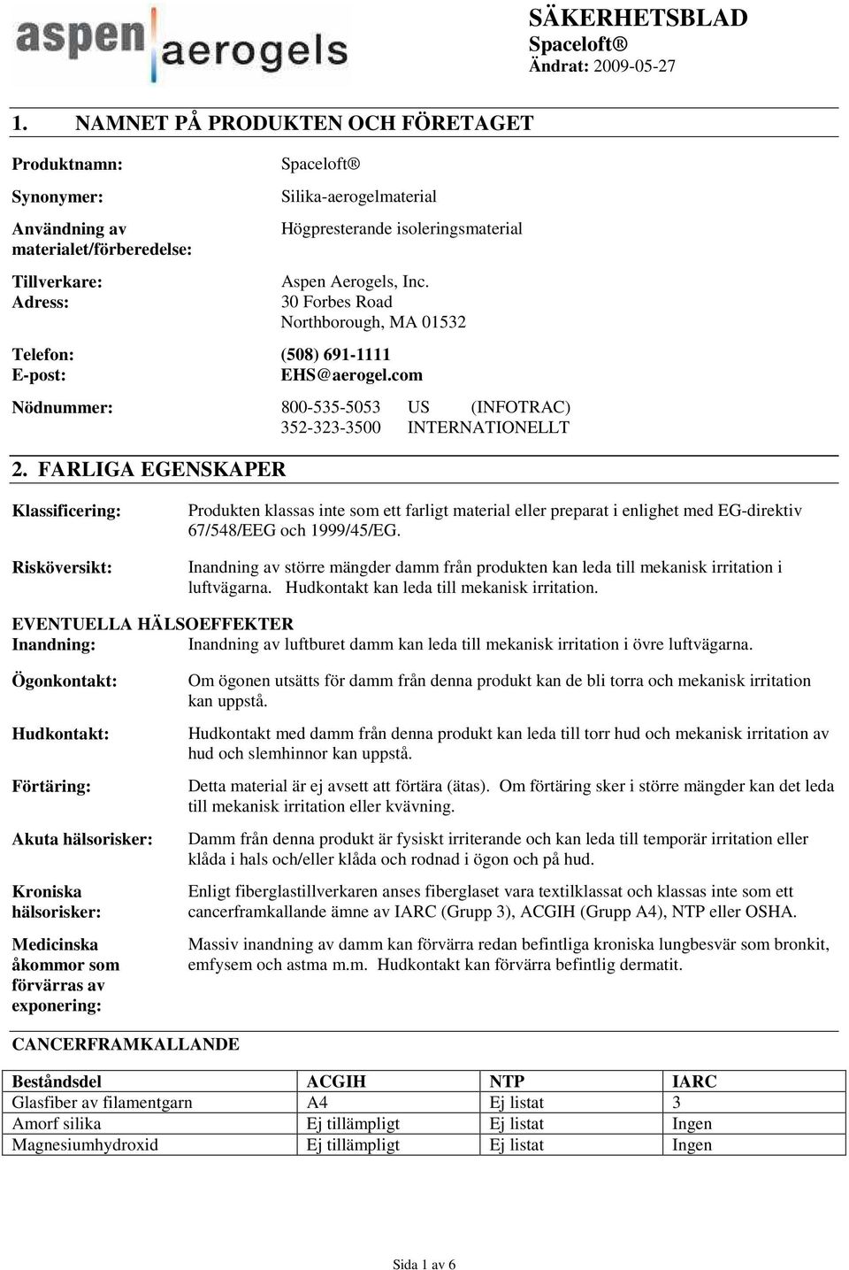 FARLIGA EGENSKAPER Klassificering: Risköversikt: Produkten klassas inte som ett farligt material eller preparat i enlighet med EG-direktiv 67/548/EEG och 1999/45/EG.