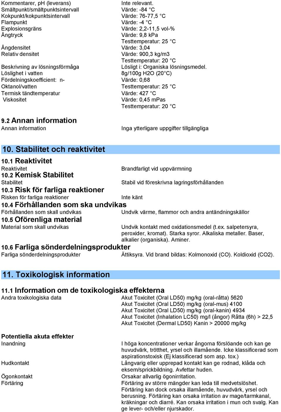 Ångdensitet Värde: 3,04 Relativ densitet Värde: 900,3 kg/m3 Testtemperatur: 20 C Beskrivning av lösningsförmåga Lösligt i: Organiska lösningsmedel.