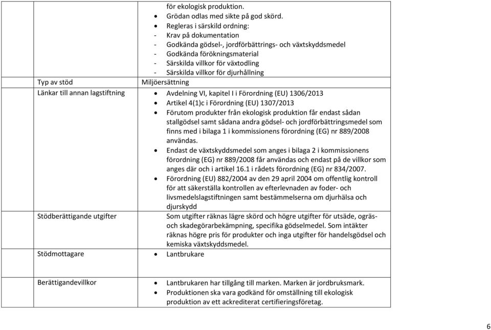 djurhållning Typ av stöd Miljöersättning Länkar till annan lagstiftning Avdelning VI, kapitel I i Förordning (EU) 1306/2013 Artikel 4(1)c i Förordning (EU) 1307/2013 Förutom produkter från ekologisk