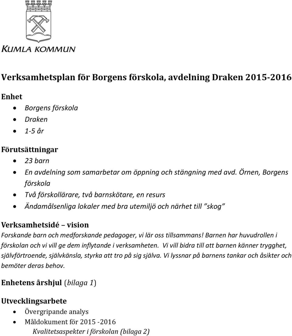 lär oss tillsammans! Barnen har huvudrollen i förskolan och vi vill ge dem inflytande i verksamheten.