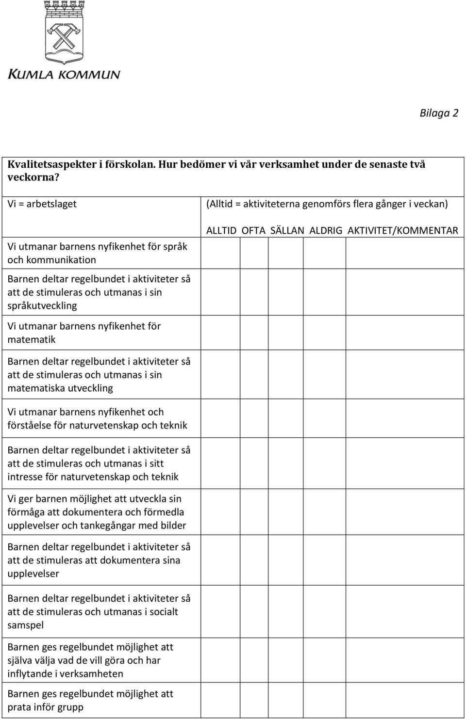 genomförs flera gånger i veckan) ALLTID OFTA SÄLLAN ALDRIG AKTIVITET/KOMMENTAR att de stimuleras och utmanas i sin matematiska utveckling Vi utmanar barnens nyfikenhet och förståelse för