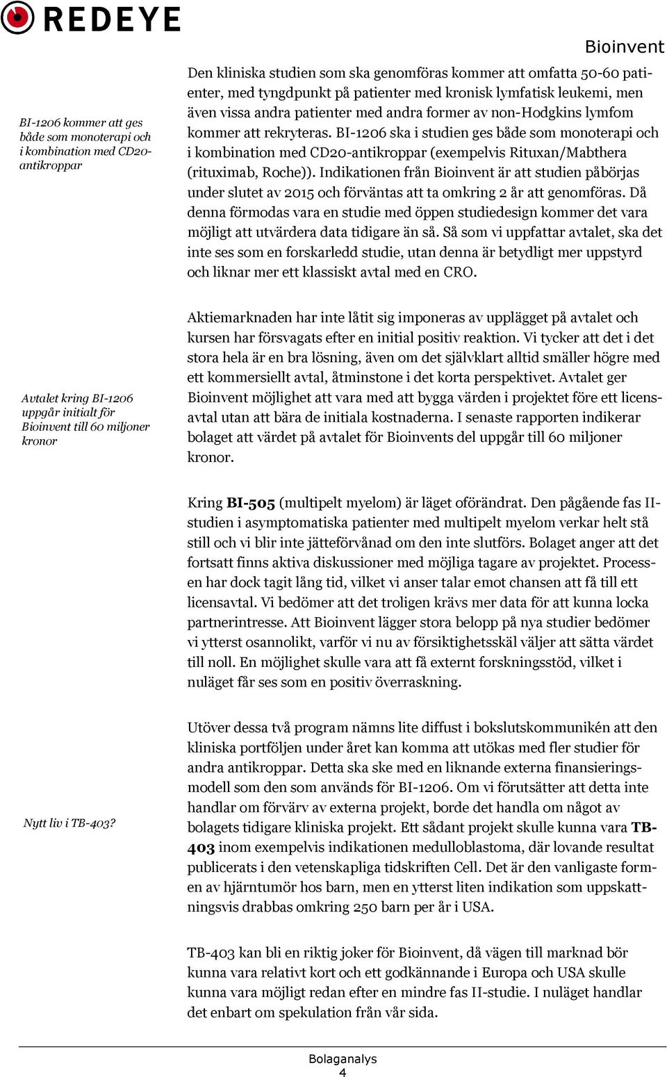 BI-1206 ska i studien ges både som monoterapi och i kombination med CD20-antikroppar (exempelvis Rituxan/Mabthera (rituximab, Roche)).