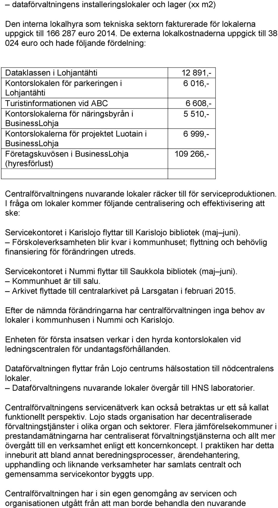 6 608,- Kontorslokalerna för näringsbyrån i 5 510,- BusinessLohja Kontorslokalerna för projektet Luotain i 6 999,- BusinessLohja Företagskuvösen i BusinessLohja 109 266,- (hyresförlust)