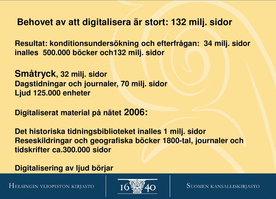 sidor Ljud 125.000 enheter Digitaliserat material på nätet 2006: Det historiska tidningsbiblioteket inalles 1 milj.