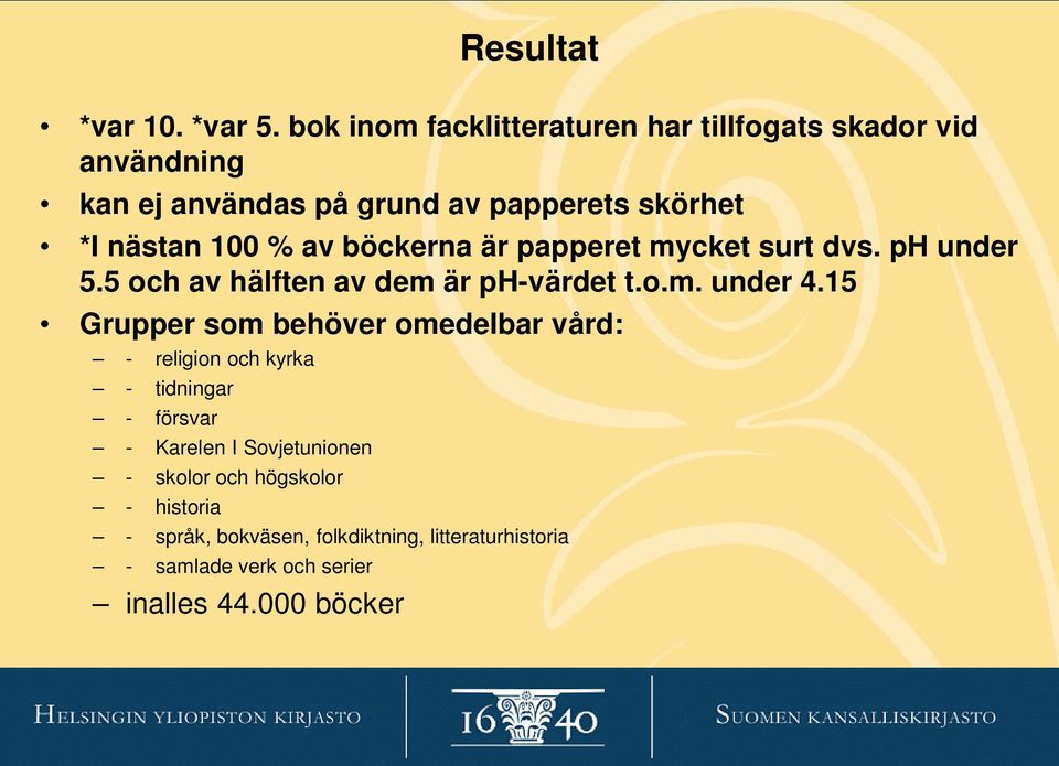 % av böckerna är papperet mycket surt dvs. ph under 5.5 och av hälften av dem är ph-värdet t.o.m. under 4.