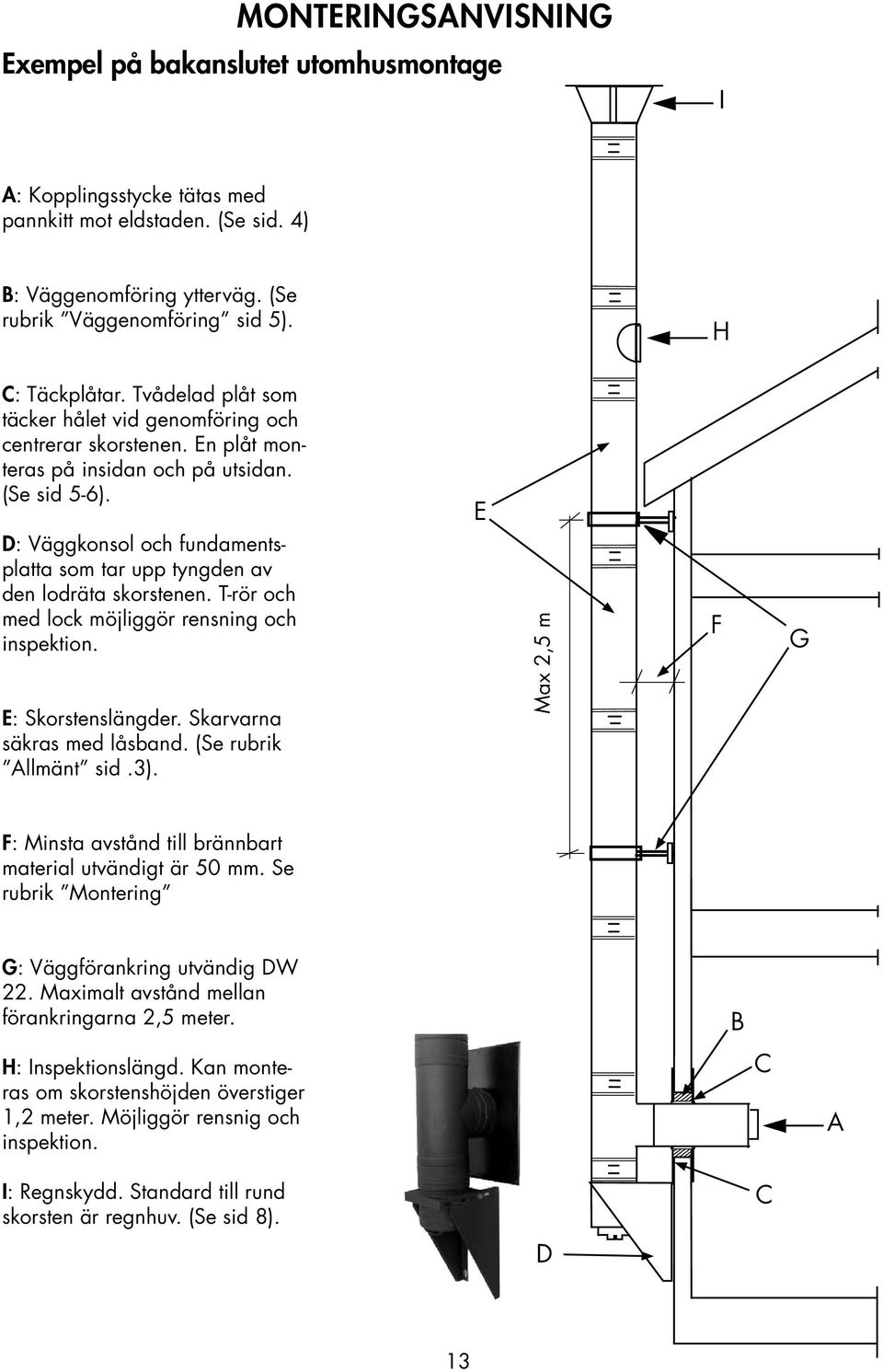 D: Väggkonsol och fundamentsplatta som tar upp tyngden av den lodräta skorstenen. T-rör och med lock möjliggör rensning och inspektion. E: Skorstenslängder. Skarvarna säkras med låsband.