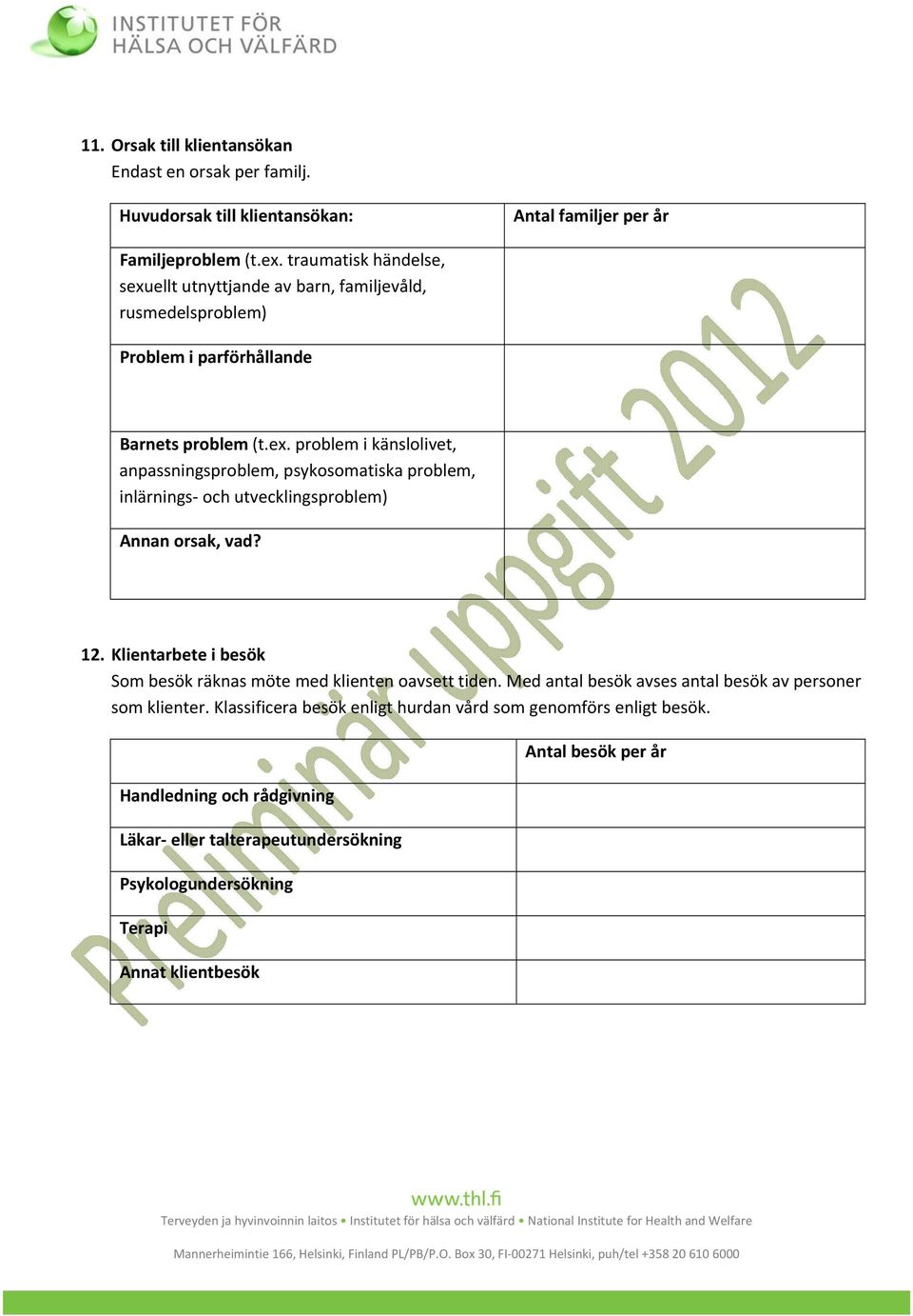 12. Klientarbete i besök Som besök räknas möte med klienten oavsett tiden. Med antal besök avses antal besök av personer som klienter.