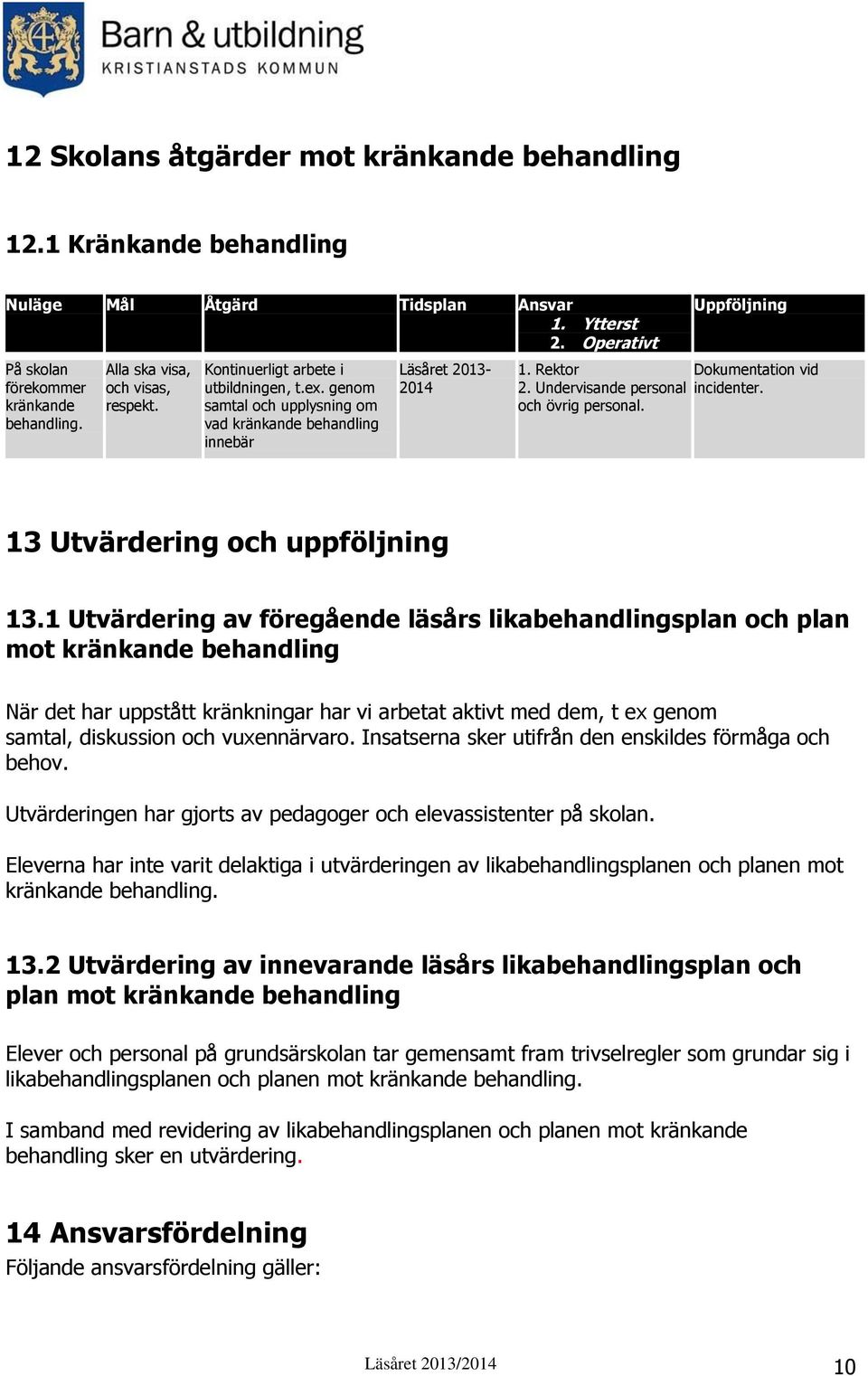 Undervisande personal incidenter. och övrig personal. 13 Utvärdering och uppföljning 13.