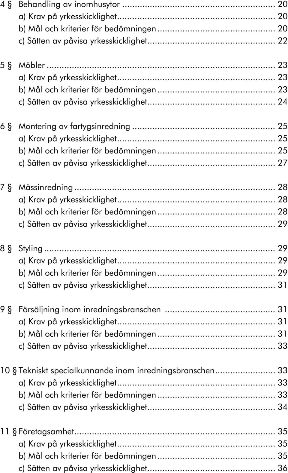 .. 25 c) Sätten av påvisa yrkesskicklighet... 27 7 Mässinredning... 28 a) Krav på yrkesskicklighet... 28 b) Mål och kriterier för bedömningen... 28 c) Sätten av påvisa yrkesskicklighet... 29 8 Styling.