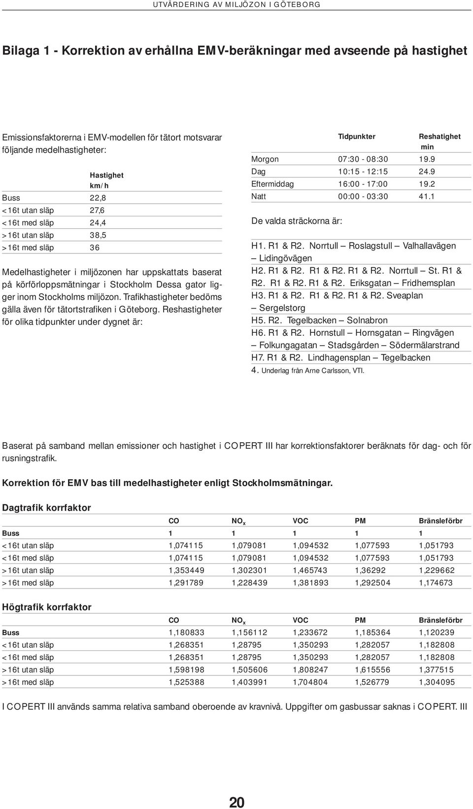 Trafi khastigheter bedöms gälla även för tätortstrafi ken i Göteborg. Reshastigheter för olika tidpunkter under dygnet är: Tidpunkter Reshatighet min Morgon 07:30-08:30 19.9 Dag 10:15-12:15 24.