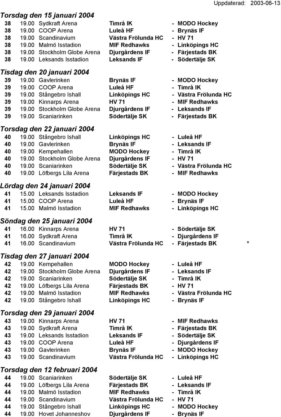 00 Gavlerinken Brynäs IF - MODO Hockey 39 19.00 COOP Arena Luleå HF - Timrå IK 39 19.00 Stångebro Ishall Linköpings HC - Västra Frölunda HC 39 19.00 Kinnarps Arena HV 71 - MIF Redhawks 39 19.