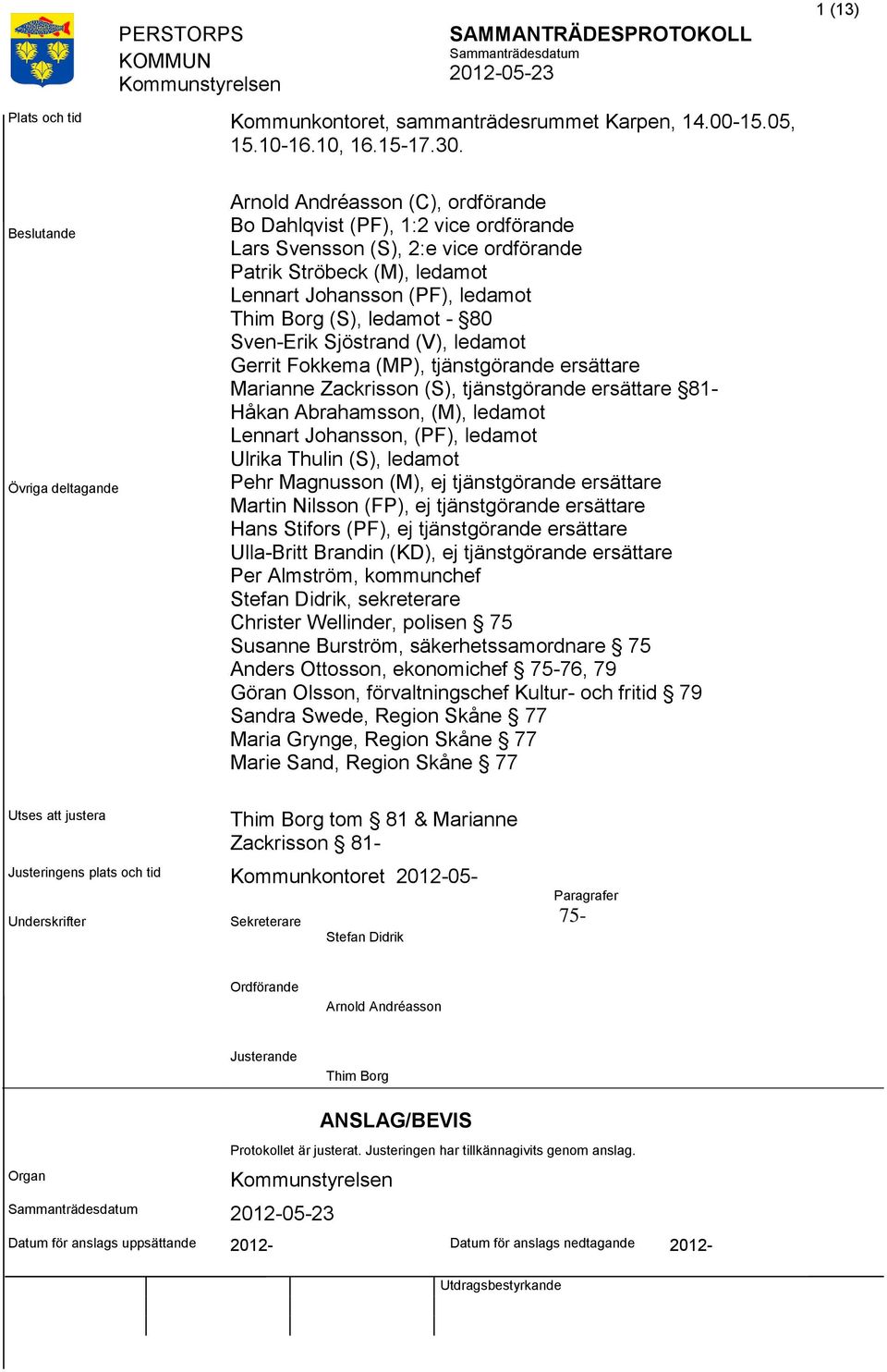 (PF), ledamot Thim Borg (S), ledamot - 80 Sven-Erik Sjöstrand (V), ledamot Gerrit Fokkema (MP), tjänstgörande ersättare Marianne Zackrisson (S), tjänstgörande ersättare 81- Håkan Abrahamsson, (M),