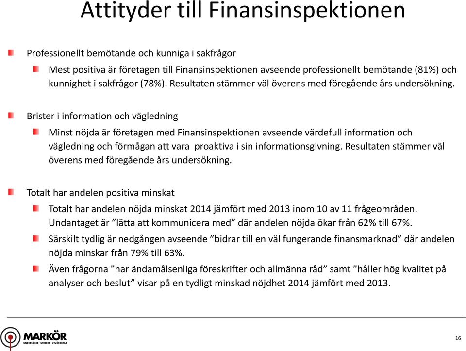 Brister i information och vägledning Minst nöjda är företagen med Finansinspektionen avseende värdefull information och vägledning och förmågan att vara proaktiva i sin informationsgivning.