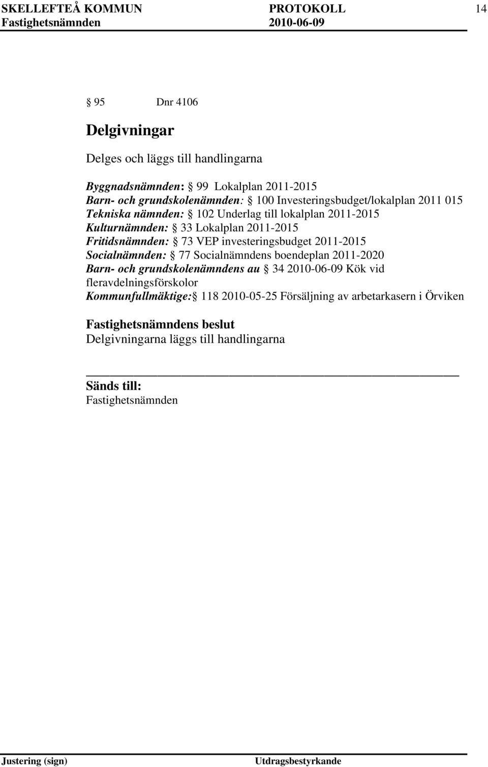 2011-2015 Fritidsnämnden: 73 VEP investeringsbudget 2011-2015 Socialnämnden: 77 Socialnämndens boendeplan 2011-2020 Barn- och grundskolenämndens au 34