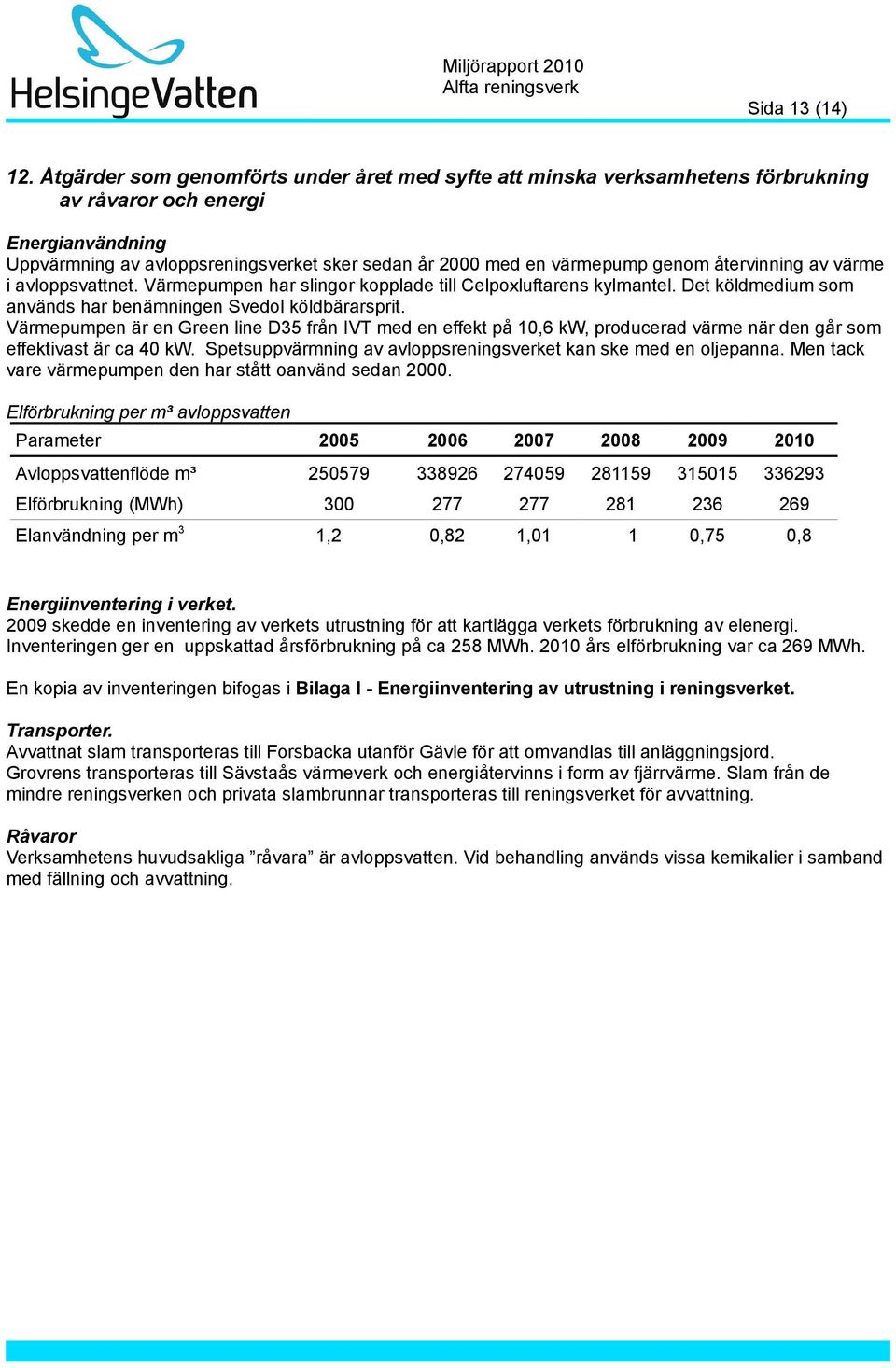 återvinning av värme i avloppsvattnet. Värmepumpen har slingor kopplade till Celpoxluftarens kylmantel. Det köldmedium som används har benämningen Svedol köldbärarsprit.