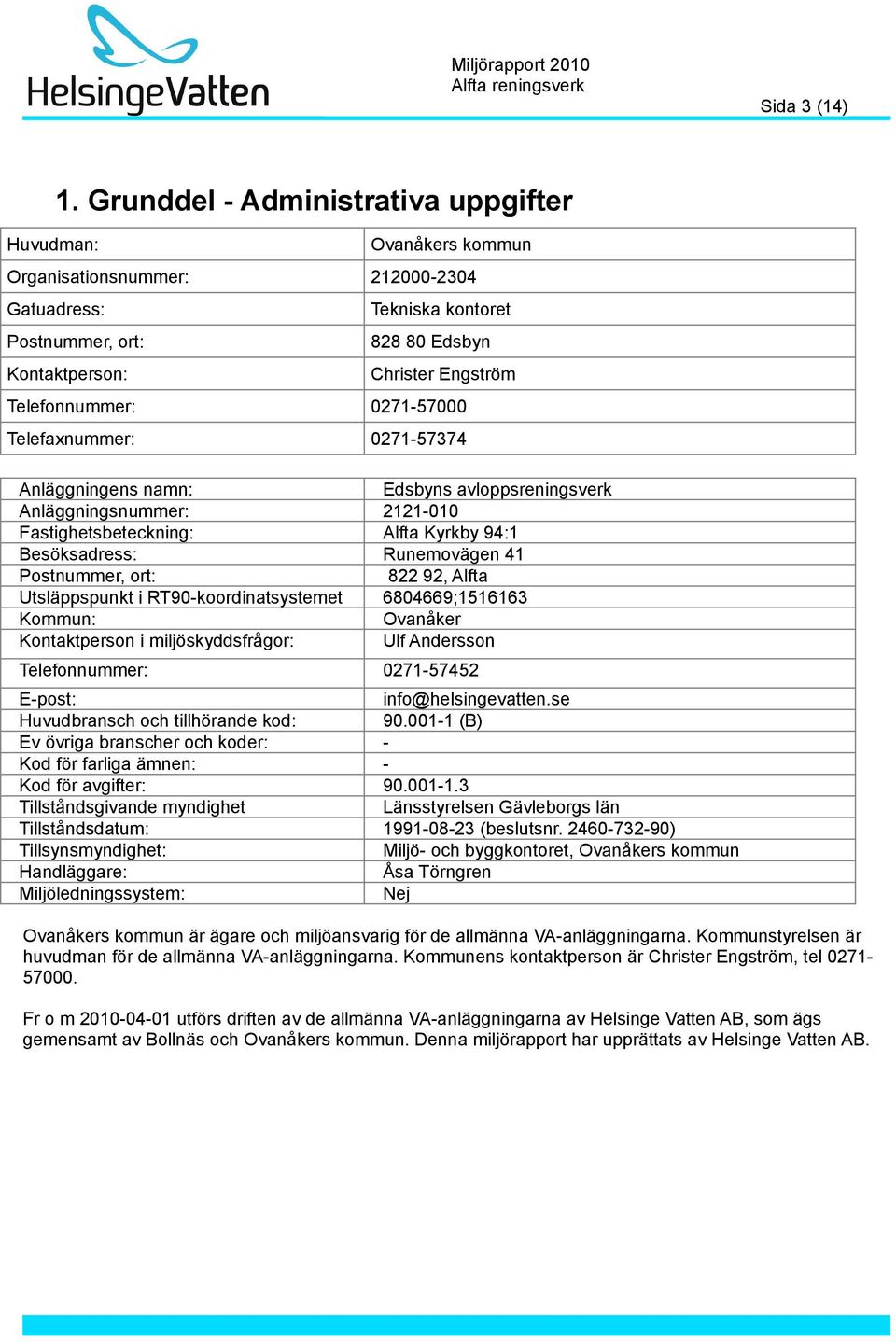 0271-57000 Telefaxnummer: 0271-57374 Anläggningens namn: Edsbyns avloppsreningsverk Anläggningsnummer: 2121-010 Fastighetsbeteckning: Alfta Kyrkby 94:1 Besöksadress: Runemovägen 41 Postnummer, ort: