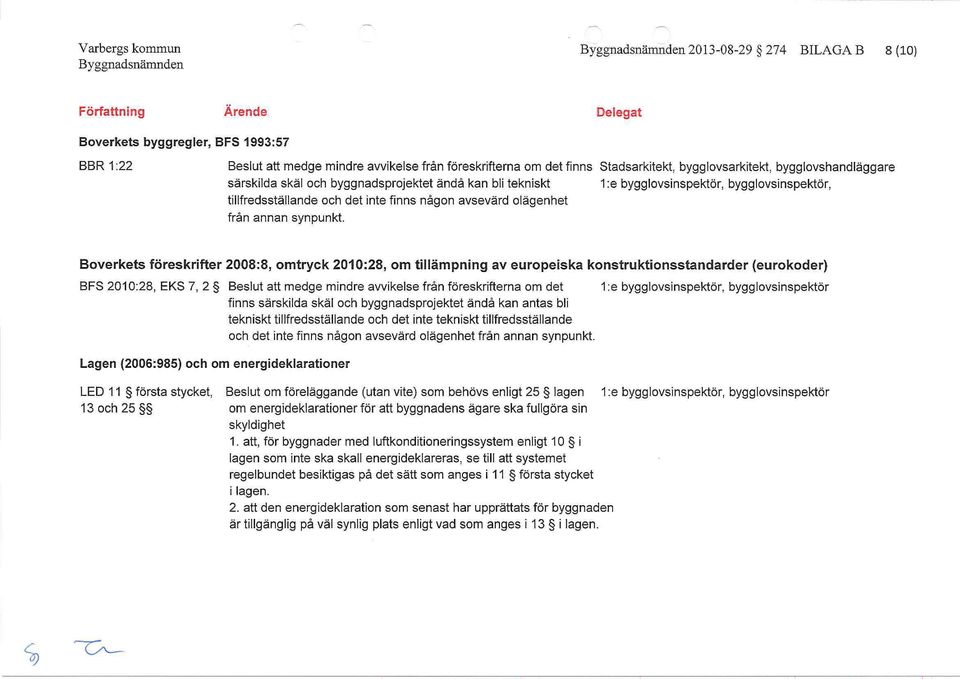 Boverkets föreskrifter 2008:8, omtryck 2010:28, om tillämpning av europeiska konstruktionsstandarder (eurokoder) BFS 2010:28, EKS 7, 2 Beslut att medge mindre avvikelse från föreskrifterna om det