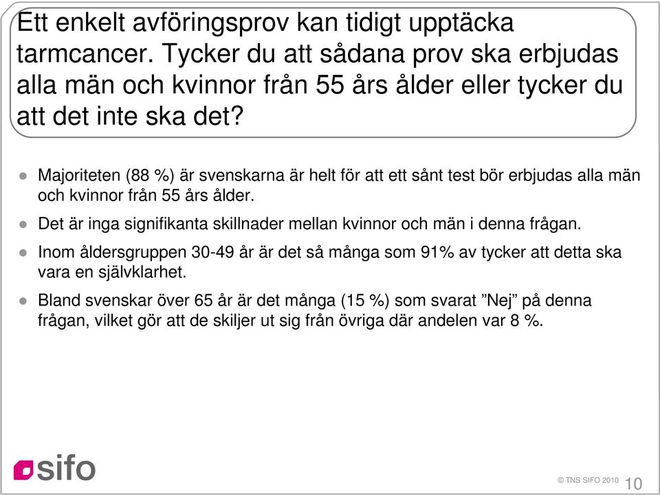 Majoriteten (88 %) är svenskarna är helt för att ett sånt test bör erbjudas alla män och kvinnor från 55 års ålder.