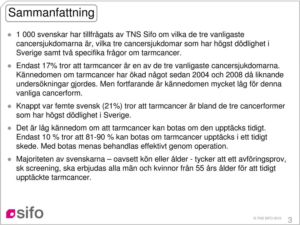Men fortfarande är kännedomen mycket låg för denna vanliga cancerform. Knappt var femte svensk (21%) tror att tarmcancer är bland de tre cancerformer som har högst dödlighet i Sverige.