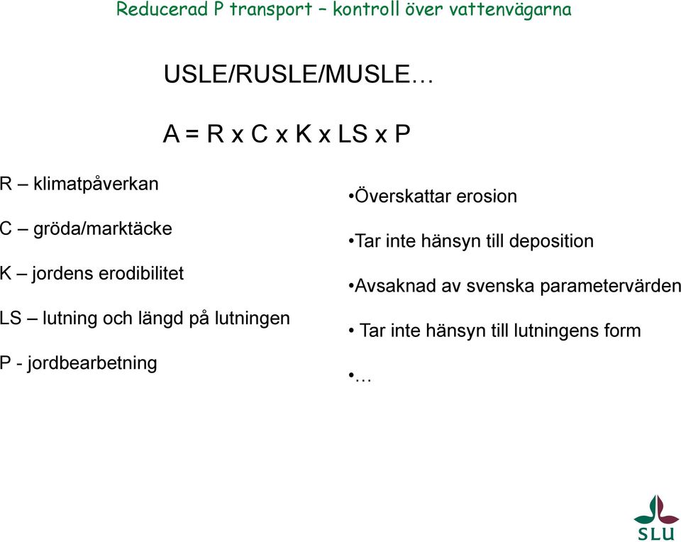 och längd på lutningen P - jordbearbetning Överskattar erosion Tar inte hänsyn