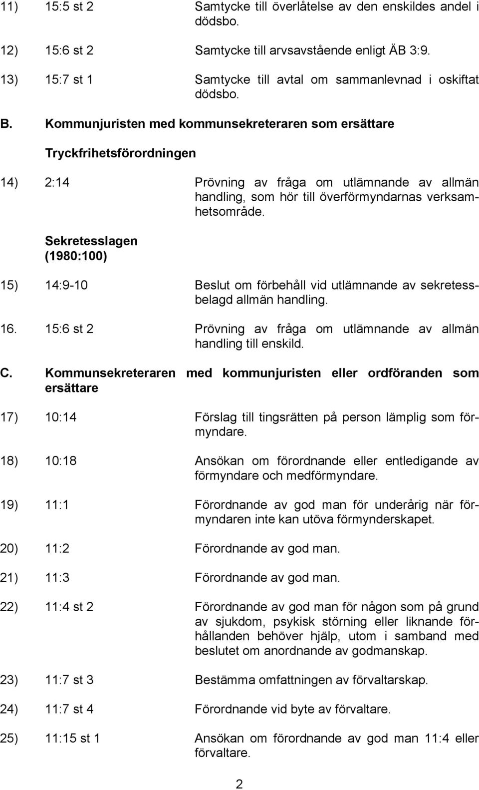 Sekretesslagen (1980:100) 15) 14:9-10 Beslut om förbehåll vid utlämnande av sekretessbelagd allmän handling. 16. 15:6 st 2 Prövning av fråga om utlämnande av allmän handling till enskild. C.