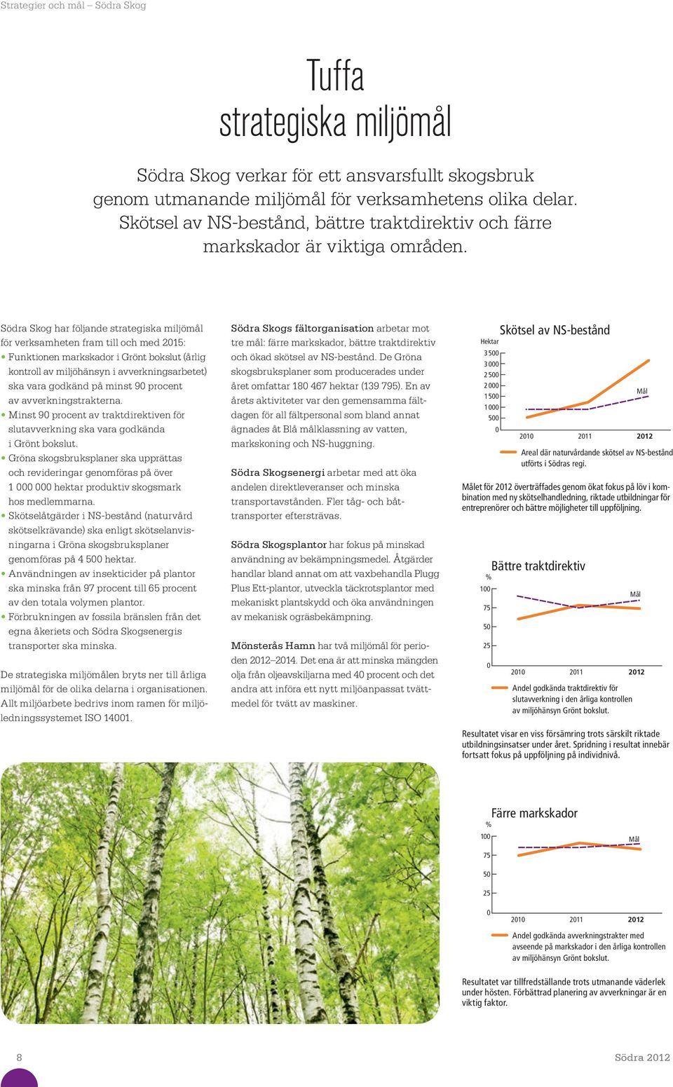 Södra Skog har följande strategiska miljömål för verksamheten fram till och med 2015: Funktionen markskador i Grönt bokslut (årlig kontroll av miljöhänsyn i avverkningsarbetet) ska vara godkänd på