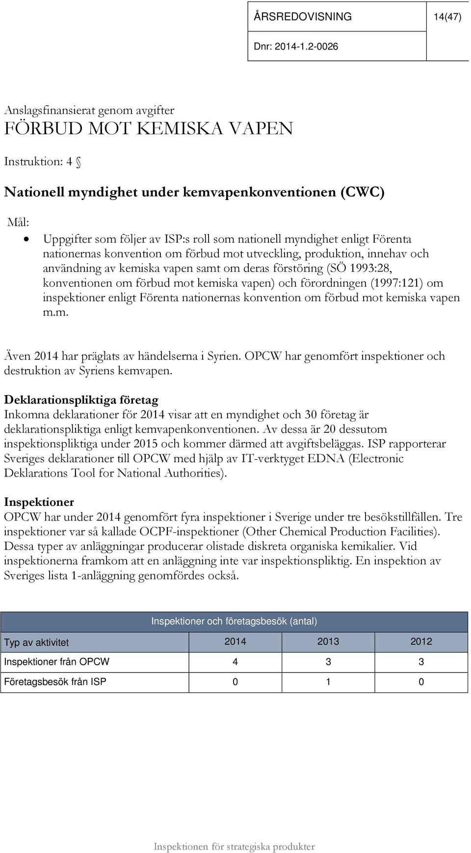 mot kemiska vapen) och förordningen (1997:121) om inspektioner enligt Förenta nationernas konvention om förbud mot kemiska vapen m.m. Även 2014 har präglats av händelserna i Syrien.