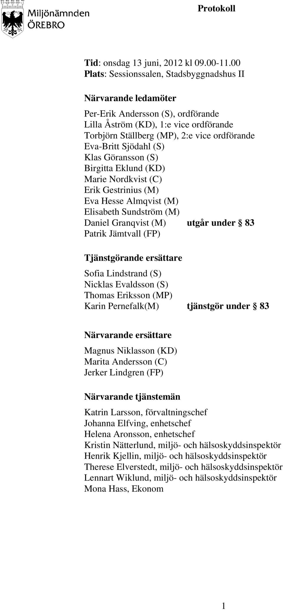 Sjödahl (S) Klas Göransson (S) Birgitta Eklund (KD) Marie Nordkvist (C) Erik Gestrinius (M) Eva Hesse Almqvist (M) Elisabeth Sundström (M) Daniel Granqvist (M) utgår under 83 Patrik Jämtvall (FP)