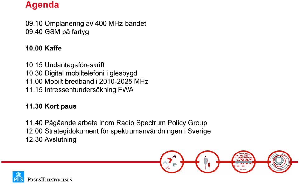 00 Mobilt bredband i 2010-2025 MHz 11.15 Intressentundersökning FWA 11.30 Kort paus 11.