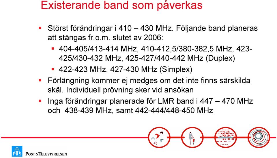 slutet av 2006: 404-405/413-414 MHz, 410-412,5/380-382,5 MHz, 423-425/430-432 MHz, 425-427/440-442 MHz (Duplex)