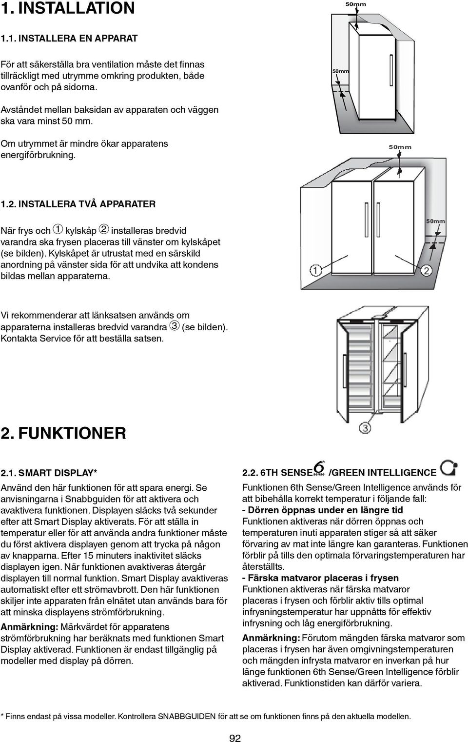 1. INSTALLERA EN APPARAT För att säkerställa bra ventilation måste det finnas tillräckligt med utrymme omkring produkten, både ovanför och på sidorna.